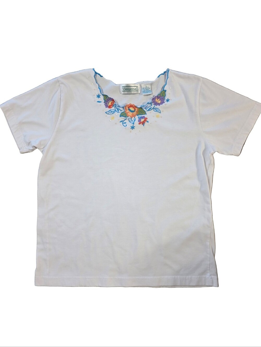 Vintage Women’s White Short Sleeve Tee w/ Multicolor Floral Embroidery Sequins